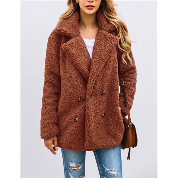 Women's Sherpa Fleece Faux Fur Trendy Jackets Camel Brown - Picture 4 of 5